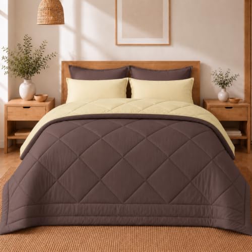 Image of King Size Comforter for Double Bed, 220 GSM Soft Microfiber AC Blanket, All Season Lightweight Reversible Bed Quilt, Premium Bedding, 90 x 100 Inch, Coffee-Khaki