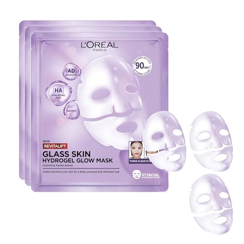 L'Oréal Paris - Masque Visage Hydrogel Éclat, Hydratation Intense, Effet Repulpant à l'Acide Hyaluronique, Inspiré de la Beauté Coréenne - Lot de 3 - Revitalift...