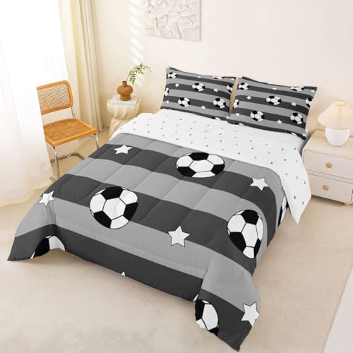 Image of Feelyou Soccer Comforter Set King Size Kids Football Pattern Games Bedding Set for Boys Girls Sports Theme Grey Geometric Stripes Duvet Quilt Room Decor