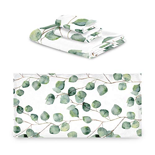 Oyihfvs Watercolor Eucalyptus Round Leaves Branches Seamless Set Of 3 Highly Soft Absorbent Towels, 1 Bath Towel, 1 Hand Towel, 1 Face Washcloth Print For Spa Bathroom Hotel Kitchen Beach Gym #TOP1