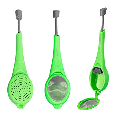 VEIREN 3 Pieces Long-Handled Tea Filters Plastic Tea Infuser Fime Mesh with Built-in plunger Reusable Two Sides Strainers for Loose Tea/Coffee/Tea Bag/Herbal/Spice Portable Teaware Accessories, Green