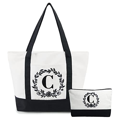 BeeGreen Initial Canvas Tote Bag with Cosmetic Bag Monogram Beach Tote Bag for Women Personalized Gifts for Teacher Mother Friends Birthday Wedding Bridesmaids Gifts with Embroidery C