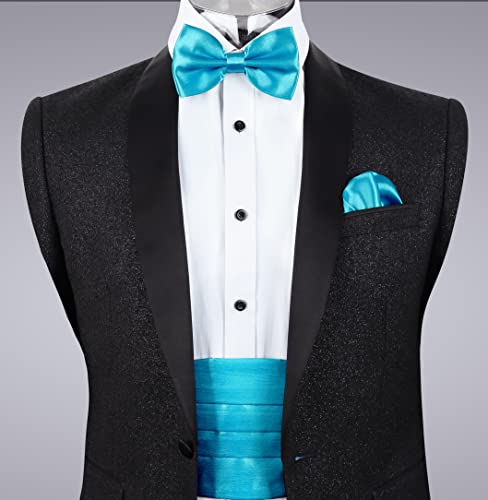 Image of Alizeal Mens Multicolored Silk Solid Cummerbund Bow Tie Set | with Cummerbund Pocket Square Pre-tied Adjustable for Mens Gift