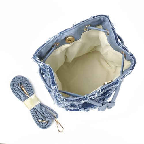 Image of Women Denim Mini Bucket Shoulder Crossbody Bag Drawstring Quilted Distressed Tassel Barrel Shape Satchel Purse
