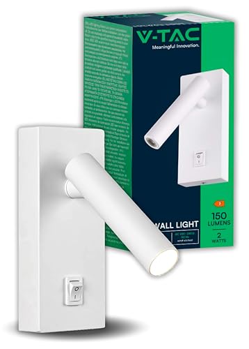 V-Tac Lampada Da Parete Orientabile Led 2W Con Interruttore Per Illuminazione Casa E Interni - Faretto Da Muro Bianco Per Salotto, Camera, Lettura - D