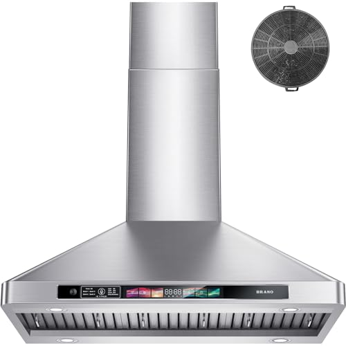 BRANO Campana de montaje en pared de 30 pulgadas 900 CFM con control de voz/gesto/táctil, ventilación de acero inoxidable con 4 velocidades, 4 luces ajustables, convertibles sin conductos (30 pulgadas