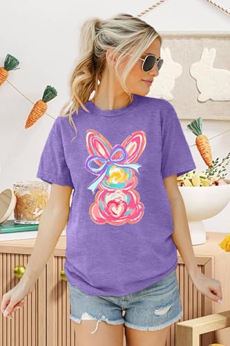Image of Women Happy Easter T Shirt Bunny Rabbit Graphic T-Shirt Funny Letter Printed Shirts Short Sleeve Tops