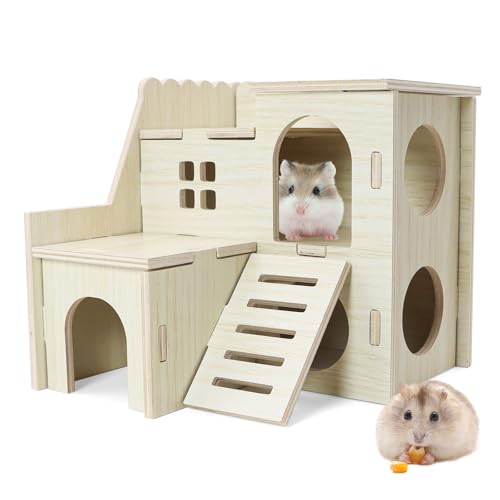 Hamster Hideout Tiny Maze Wood House with Slide Hamster House and Habitat Wooden Hide Hut for Dwarf Gerbils Mouse Mice and Other Small Animals (Pygmy Rats Only)