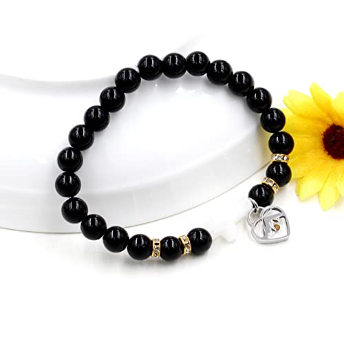 Image of Uloveido Black Agate Side Cross Bracelet Mustard Seed Charms, Personalized Letter A-Z Tiger's Eye Bangle Y944