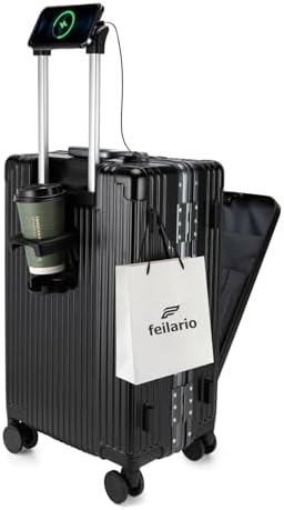 feilario 20in Aluminium Frame PC Hard Shell Spinner Wheels Luggage, Built-In TSA lock Carry on Suitcase, with Cup Holder, USB Port, Phone Holder A-Black 20in