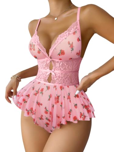 Image of Lilosy Sexy Bows Floral Lace Mesh Babydoll Lingerie Romper