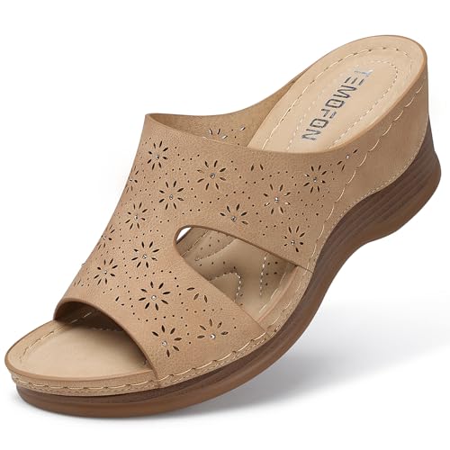 Image of TEMOFON Women Wedge Sandals Dressy: Comfortable Lightweight Summer Shoes | Low Wedge Heel - Fit Wide Feet - Comfy Stylish Slip on Sandals Size 5-11