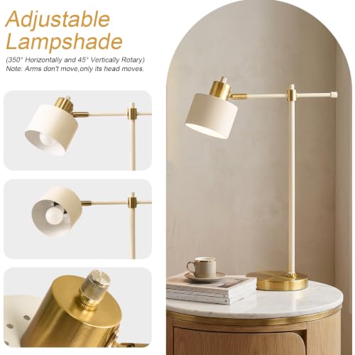 Image of OYEARS 22.2 inch Modern Desk Lamp, Metal Table Lamp with LED Bulb, Adjustable Reading Lamps for Living Room, Mid Century Nightstand Lamp for Home Office, Industrial Bedside Lamps, Cream and Gold