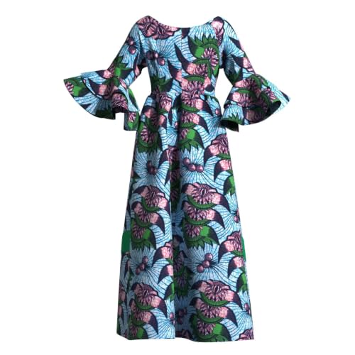 Image of iooiooi Womens African Print Party Maxi Dress Ankara Long Dress & Headwrap | Ankara Print Maxi Dress for Women,Flared Bell Sleeve Party Gown