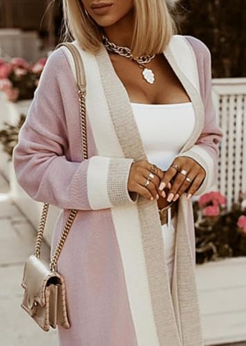 Image of chouyatou Women's Fall Color Block Open Front Cardigan Sweater Casual Loose Knitted Long Coatigan Coat