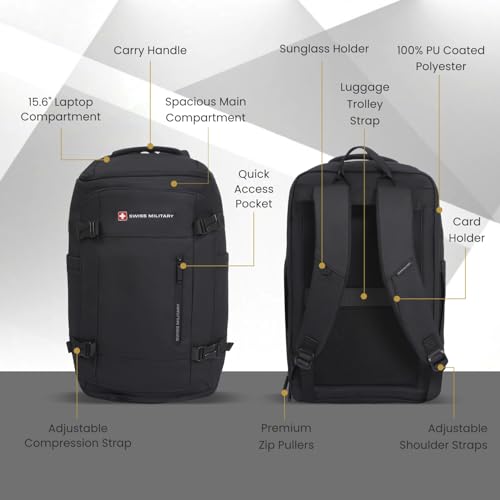 Image of SWISS MILITARY Black Gold Collection Aster Laptop Backpack, Travel Trekking Bag with Trolley Strap, Water Resistant, Multiple Compartments, Front Zip Pocket, Laptop Sleeve, Outdoor & Office Bag (29L)