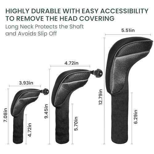 Golfschlägerhauben Driver Golf Club Headcover Set Wert 4 Stück, Langer Hals Schlägerkopfhüllen Hybrid Fairway mit 1 3 5 7 X Nummernschild (3 Stück Dunkel, 1 Driver&1 Fairway&1 Hybrid)