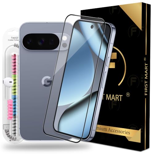 Image of FIRST MART Tempered Glass for Google Pixel 10 and Pixel 10 Pro, 9H 0.3 mm Full-Glue Screen Protector with Cable Protector, 3D Edge-to-Edge, HD Clear, Case-Friendly, Black, Pack of 1