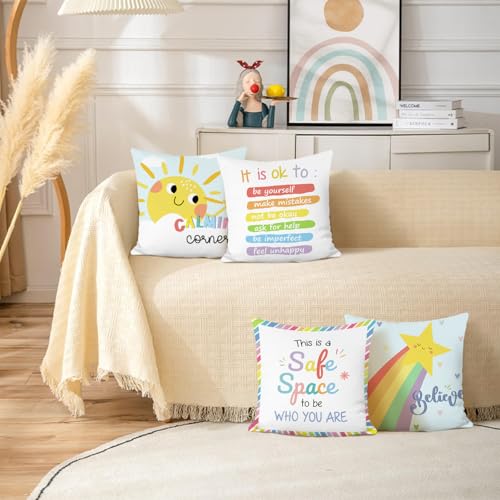 Bonhause Calming Corner Cushion Covers 45 x 45 cm Sun Rainbow Classroom Decorative Throw Pillow Covers for Sofa Couch Bed Home Reading Corner Kids Room Decor Set of 4 - Image 3