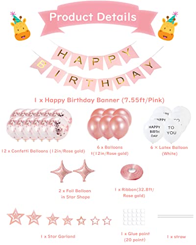 Happy Birthday Decorations Banner, 32 Pcs Pink Rose Gold Birthday Balloon Set With Confetti Balloons, Star Garland,Happy Birthday Sign Party Supplies For Girls Women Baby Shower #TOP4