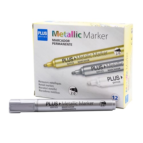 Plus Office - Rotuladores Permanentes Para Escribir, Pintar o Marcar Cualquier Tipo de Materiales, Efecto muy Denso, para Superficies Oscuras (Plata, 2mm)