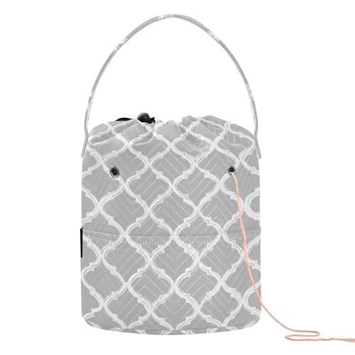 Image of ElliTarr Crochet Bag Yarn Bag with Handle Portable Knitting Project Bag Travel Yarn Storage Organizer Holder Case Silver Minimalist Quatrefoil