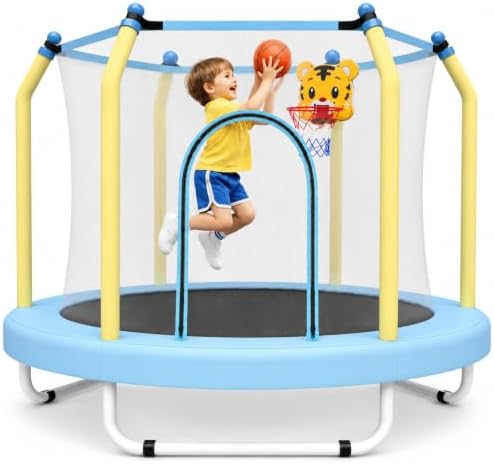 Mersco 55″ Indoor Trampoline for Kids with Enclosure Net & Basketball Hoop