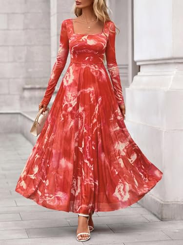 BTFBM Women Maxi Dress Fall 2025 Fashion Elegant Long Sleeve Square Neck Floral Print Party Club Wedding Guest Dresses