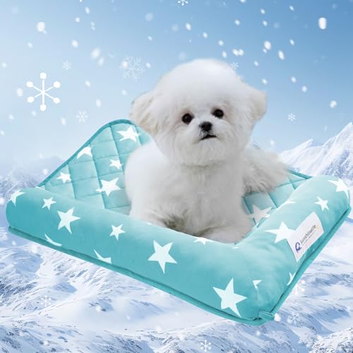 SunshineLife ペットベッド【帝人中わた】猫 ベッド 犬ベッド L字型 ひんやり 冷感Q-MAX 0.45 夏用 防ダニ 強力消臭 滑り止め 洗濯可能 B型シリコンゲル 子犬 猫用 M60x40cm 星柄 レイクブルー
