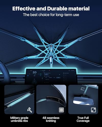 ROKOO Windshield Sun Shade Umbrella for Car - [Newest Vinyl Coating] Protect Car from Sun Rays & Heat Damage Keep Cool and Protect Interior Large (61" L x 35" W)