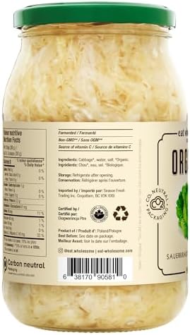 Eat Wholesome Organic Sauerkraut, 909ml - Naturally Fermented, Live Cultures, Probiotic, No Preservatives, Non-GMO, Vegan, Glass Jar