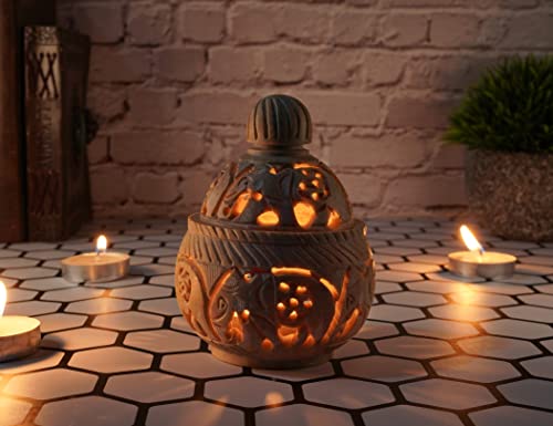 Crocon Soapstone Tea Light Holder For Home Living Room Decor Handmade Floral Elephant Tealight Stand With Lid Vintage Hand Crafted Stone Candle Holders Table Decoration Best Gift Size : 3X3 Inch #TOP2