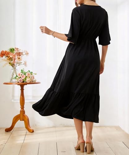 Image of Women's Summer Short Sleeve Maxi Floral Flowy Dresses with Pockets