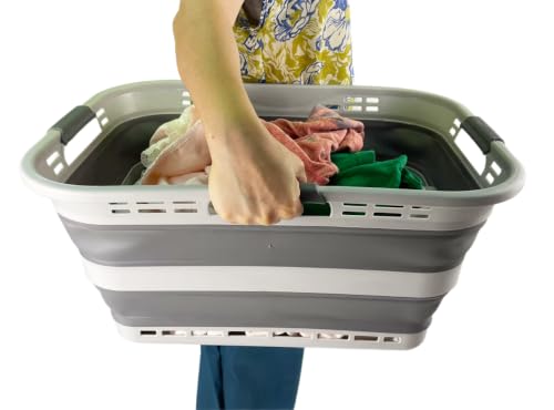Image of SAMMART Set of 2 Collapsible Plastic Storage Basket - Foldable Pop Up Storage Container - Portable Laundry Organizer - Space Saving Hamper (Grey, 42L (Style A))