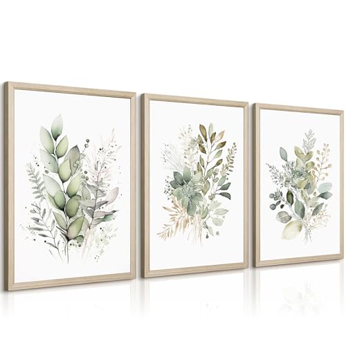 Watercolor Botanical Wall Art Set of 3 Boho Floral Canvas Wall Decor Prints Sage Green Wildflower Wall Art Modern Flower Pictures Botanical Painting for Bedroom Bathroom 24x36 Inch Wood Framed