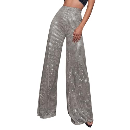 Kenvina Sequin Glitter Pants Women High Waist Pant Sparkly Wide Leg Trousers Elastic Loose Side Zipper Shiny Palazzo Pants Gray
