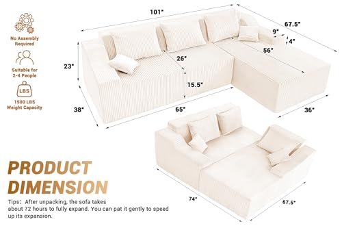 Image of HABUTWAY 101'' Modular Sectional Sofa Cloud Couch with Deep Seat, Modern L-Shaped Convertible Couches Upholstered Couch with Chaise for Living Room Bedroom(Beige, Right-Facing Chaise)