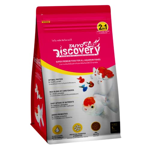 Taiyo Pluss Discovery Pink Fish Food - 1 kg (Pack of 1) | Super Premium 2-in-1 Formula with Colour Enhancers & High Protein | Mini Pellets (0.8 mm) for All Aquarium Fishes