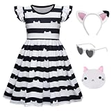 Btonai Black and White Striped Cat Costume Girls Birthday Dress up with Headband Purse Glasses Halloween Outfit