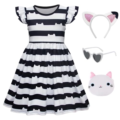 Btonai Black and White Striped Cat Costume Girls Birthday Dress up with Headband Purse Glasses Halloween Outfit