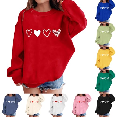 Girls Valentines Day Shirt Oversized Casual Heart Printed Crewneck Sweatshirts 2026 Fashion Preppy (C-Red, 7-8 Years)