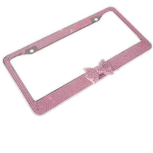 Fashion Premium Handmade Crystal License Plate Frames,Waterproof Bling License Plate Covers,Us Universal Rhinestone License Plate Holder For Women(1 Frame,Pink Frame Pink Bowknot) #TOP2