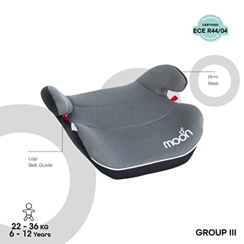 The Moon Brand Kido Baby/Kids Lightweight Travel Booster Car Seat Group 3 Universal Fix Extra Large Seat Backless Belt Positioning Suitable From 3 Years To 12 Years From 15 - 36 Kg - Grey