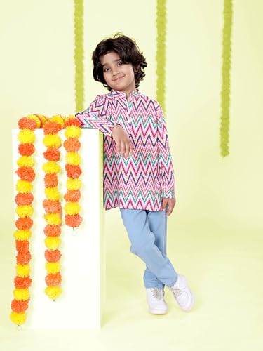Image of KiddoPanti Boys 100% Cotton Ethnic Motif Printed Short Length Kurta