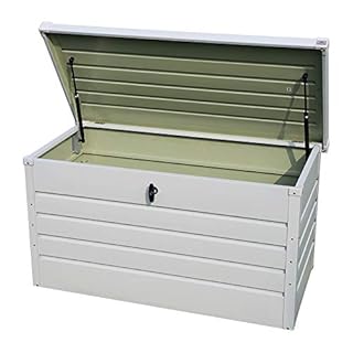 DKIEI 360L Metal Garden Storage Box Waterproof Outdoor Storage Container Furniture Deck Box Outdoor Storage Bench with Lockable Lid for Patio Cushions Tools and Pool Toys White