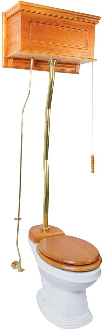 Renovators Supply Manufacturing High Tank Pull Chain Toilet With Light Oak Wooden Raised High Tank 59 In. To 74 In. Adjustable Height Brass Z Pipe And Elongated Toilet Bowl