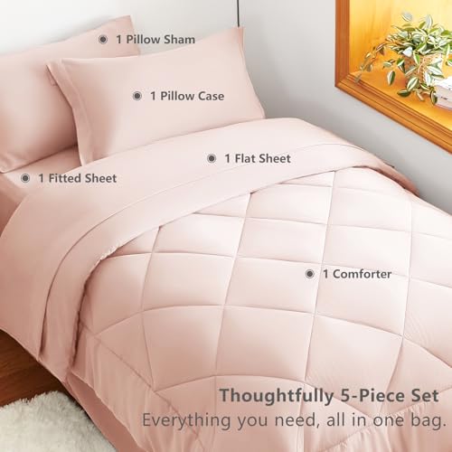 Image of CozyLux Twin XL Comforter Set Blush Pink - 5 Pieces Twin Extra Long Bed in a Bag for College Dorm, All Season Bedding Set for Girls and Boys, Soft Bed Set with Comforter, Sheets, Pillowcase & Sham