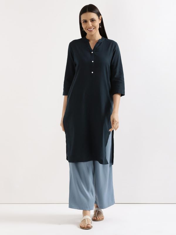 Image of SAADAA Women's Linen Straight Fit Straight Long Kurta Airy Plain Kurta, 3 /4 Sleeve, Knee Length Kurtis with Pockets, Casual and Office Wear