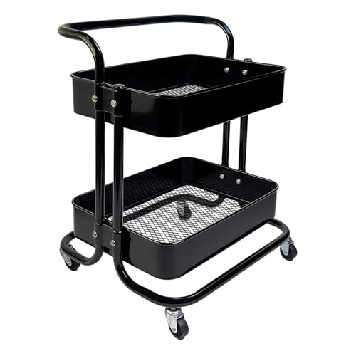 Image of 2 Tier Rolling Utility Cart with Wheels All-Metal Short Pantry Cart Under Desk Storage Trolley with Handle, Small Rolling Storage Shelf for Small Space Kitchen Laundry Room Bathroom, Black