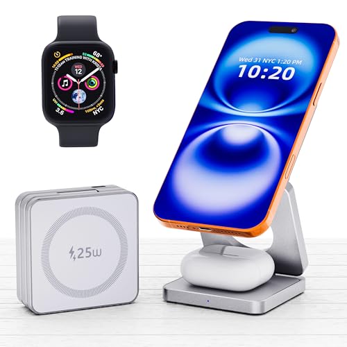 25W Magsafe�Ή� ���C�����X�[�d�� 3in1 �܂肽���ݎ��biPhone 17/16/15/14/13/12 �Ή��bApple Watch�EAirPods �����[�d�b�������C�����X�[�d�X�^���h�b�R���p�N�g�݌v�E�����^�ѕ֗��EUSB-C����-�O���[